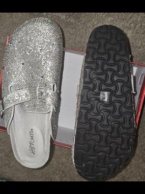 Hot Cakes Silver Crystal Buckle Slip-On Mules
